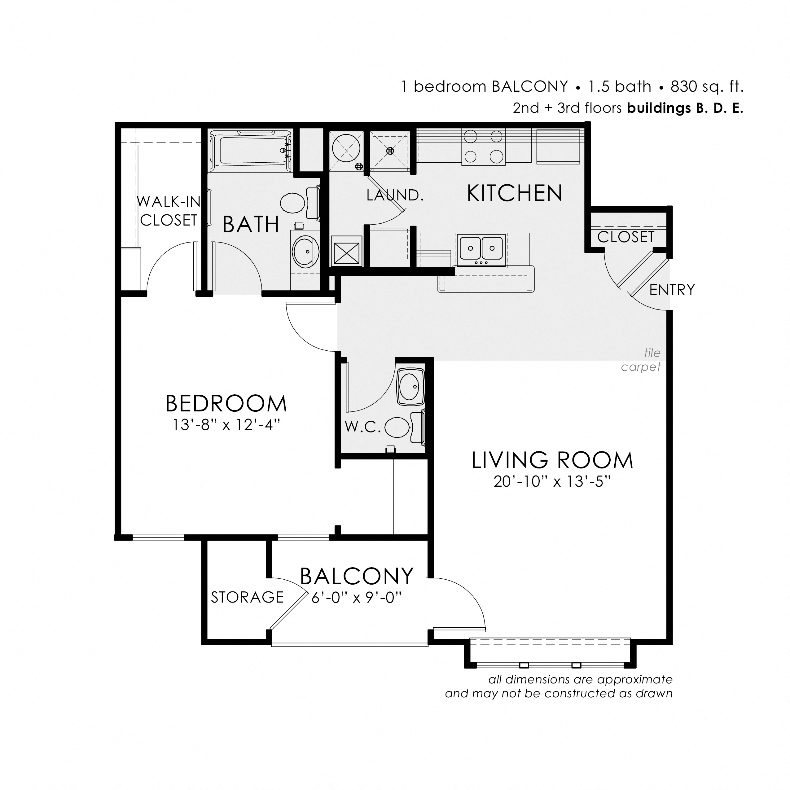 Floor plan for 1 bed, 1.5 baths, 830 sqft